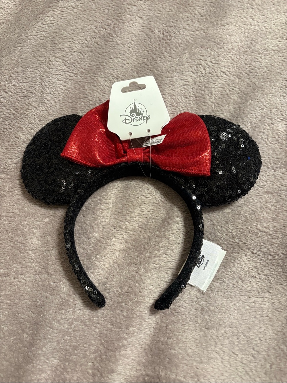 Disney Black Sequin Minnie Headband with Red Bow